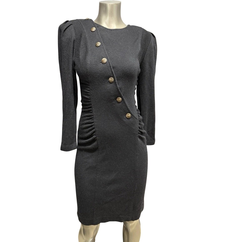 All That Jazz Vintage 80s Black Knit Ruched Bodycon Dress Gold Buttons USA 7/8